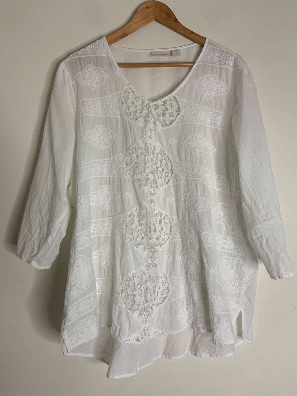 Chico’s White Boho Cotton Lace Panel V-Neck Women Semi Sheer Top Blouse 3 XL